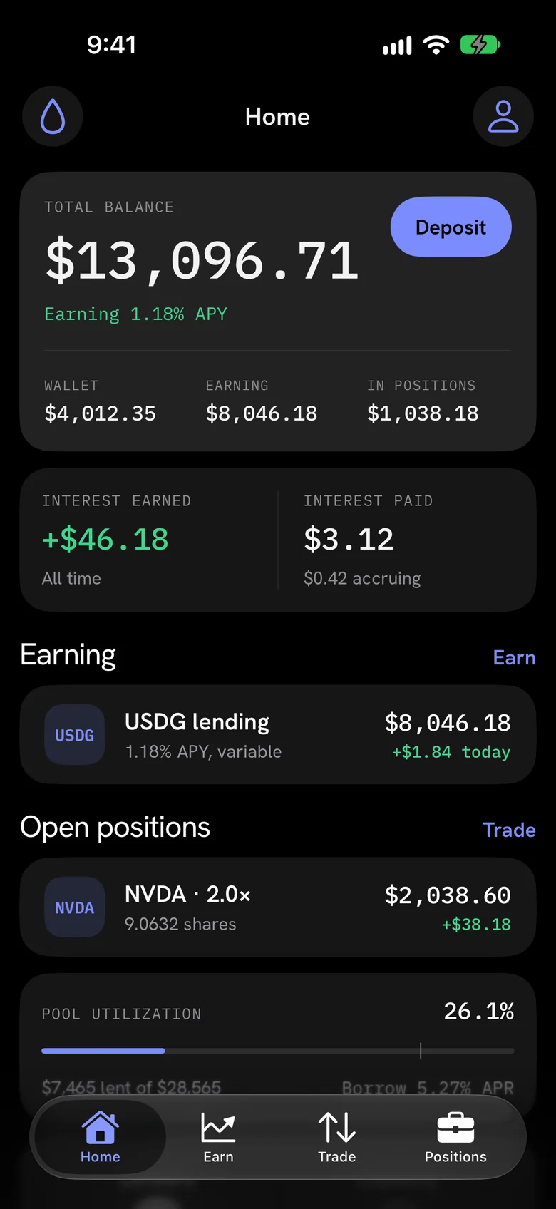 LEVERAGED app home screen: total balance, interest earned and open positions