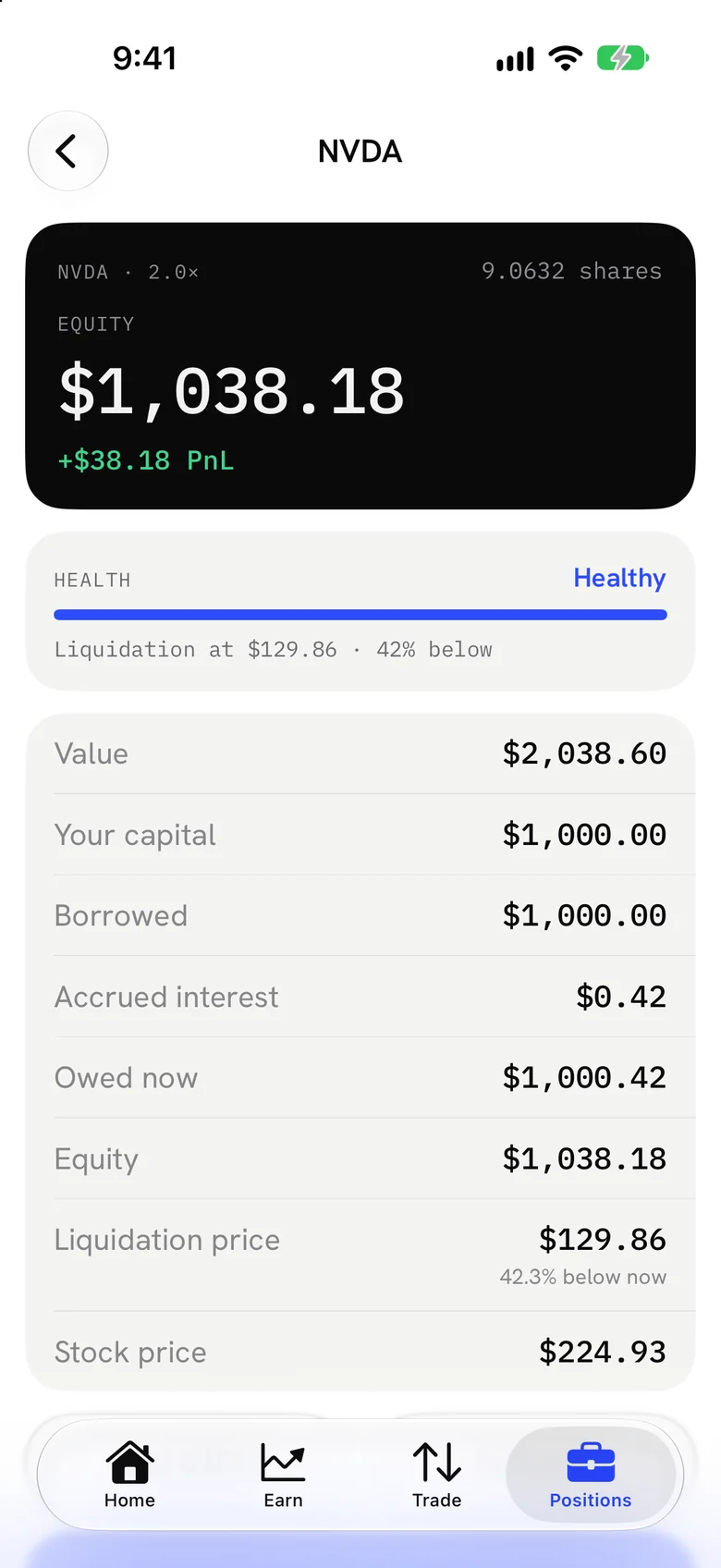 LEVERAGED app position detail: size, leverage and health